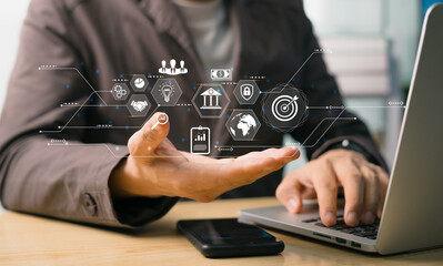 Business development and long term management concept. Executive watching virtual screen. Problem solving, high quality control, fast delivery, customer service and innovation development. 