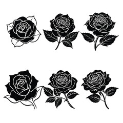 Set of vector black silhouettes of rose flowers isolated on a white background silhouette of black and white rose Set of decorative rose with leaves Flower silhouette Vector illustration Rose Line Art