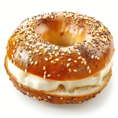 A fresh, toasted bagel sprinkled with sesame and poppy seeds, filled with creamy spread, against a soft white background.