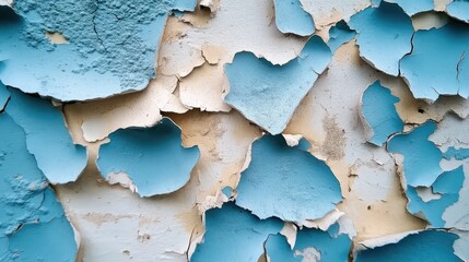 Obraz premium Worn blue wall with paint peeling off, exposing the rough concrete surface, blending shades of blue and white in a natural pattern.