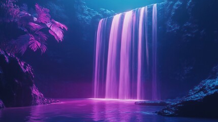 A glowing waterfall cascades into a serene and illuminated pool