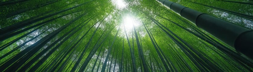 Fototapeta premium Lush green bamboo forest reaching upwards towards the bright sun