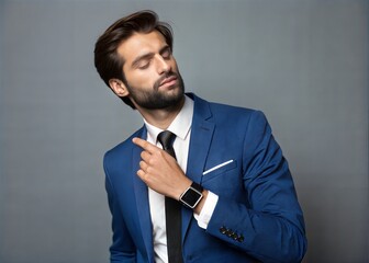 Stylish Businessman in a Blue Suit with a Smartwatch