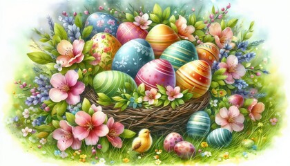 Colorful Easter eggs in a beautifully arranged basket surrounded by vibrant flowers and a chick
