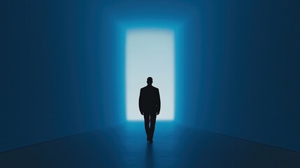 Obraz premium Confident Male Entrepreneur Walking Through Lighted Entrance in a Modern Business Setting