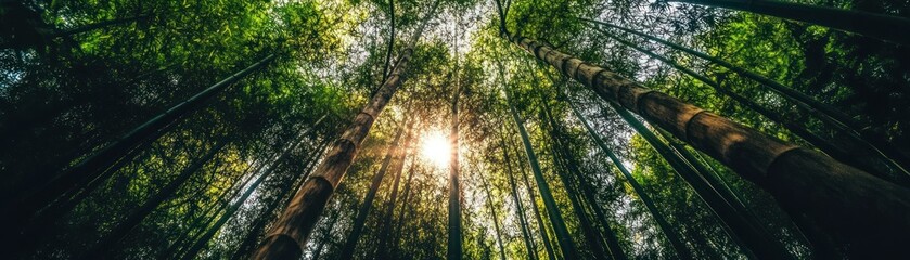 Obraz premium Looking up through green trees with sun rays shining brightly