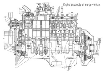 Engine assembly of cargo vehicle.
Engineering mechanical drawing of automotive
device. Industrial cad scheme on white paper sheet. 
Technology design of machine building industry. 
Machined template.