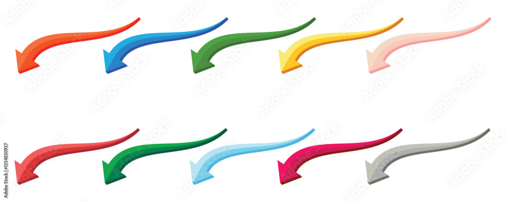 Poster curve long 3d single headed arrow icon set. multi colored single headed arrow icon set on white back