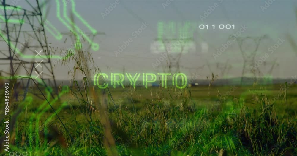 Poster animation of green crypto text with digital elements in field with power lines