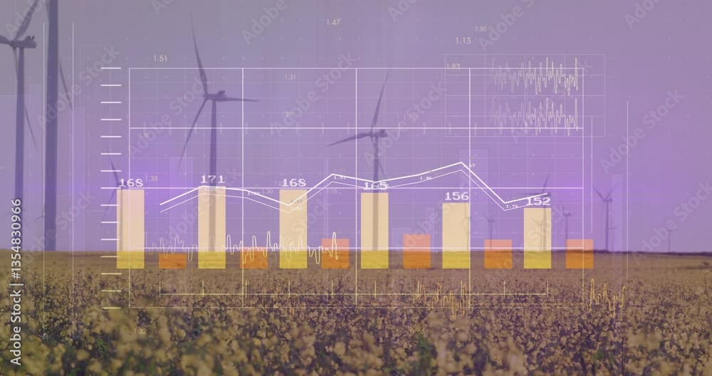 Poster bar graph and line chart animation over wind turbines in field