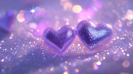 Fototapeta premium Glittering purple hearts on sparkling background.