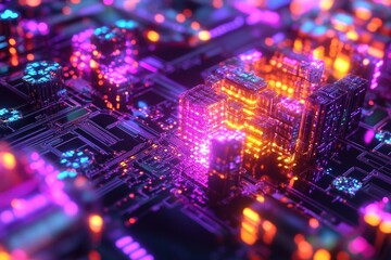 Fototapeta premium Innovative blockchain network concept with futuristic neon light effects
