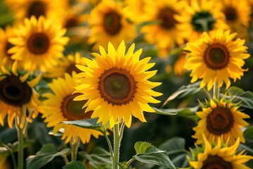 A field of vibrant yellow sunflowers, each plant standing tall with large blooms facing the sun.