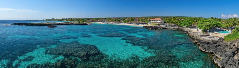 Fototapeta premium A beautiful panoramic coastal scene with a clear blue ocean water