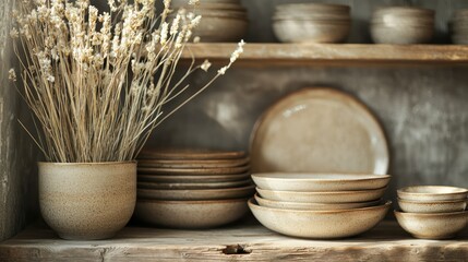 A rustic arrangement showcasing a set of handcrafted ceramic bowls and plates, accented by natural textures and warm, ambient light.