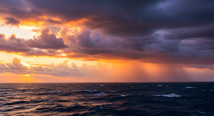 Fototapeta premium Ocean Waves Under Stormy Skies with Dramatic Sunset Sunlight