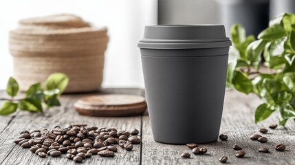 Modern Black Coffee Cup on Wooden Table Surrounded by Coffee Beans and Green Leaves, Perfect for Lifestyle, Food or Beverage Themes in Stock Photography