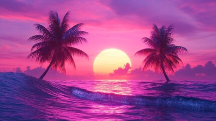 Obraz premium Two palm trees stand on a beach with sunset colors