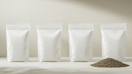 Minimalistic Presentation of Four White Packaging Bags with a Pile of Grains on a Smooth Surface, Ideal for Product Promotion and Display