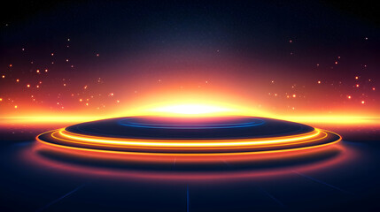 Futuristic circular platform illuminated by warm light