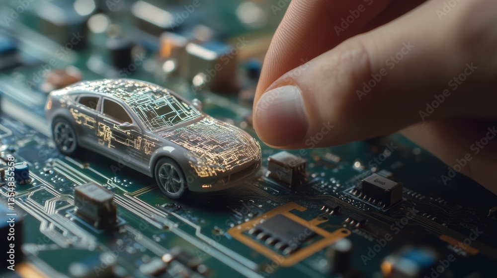 Aufkleber close-up of a hand placing a miniature car model onto a circuit board, representing automotive techn