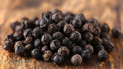 Fototapeta premium Close-Up View of Black Peppercorns on a Wooden Surface, Ideal for Culinary and Natural Food Themes