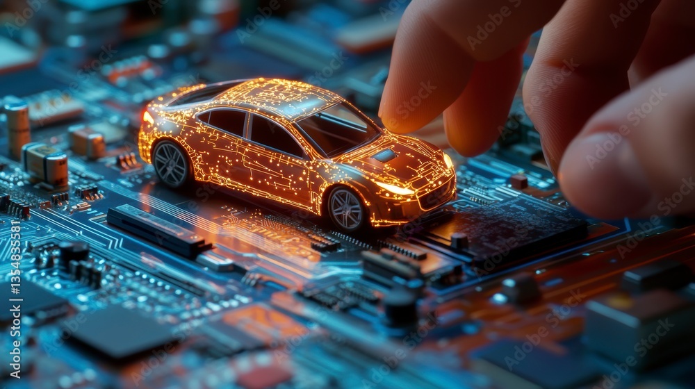 Aufkleber Hand interacting with a miniature electric car model placed on a circuit board, symbolizing technological innovation and the future of automotive.