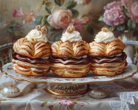 Pte choux puffs filled with cream and topped with chocolate glaze are elegantly displayed on a decorative tray