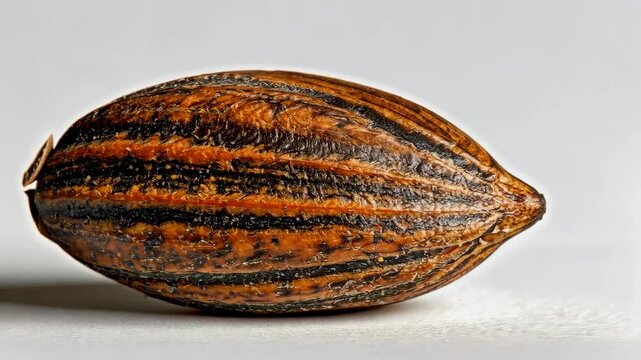 Unique striped seed with rich brown color displayed on a flat surface showcasing its texture and natural patterns