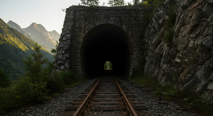 Fototapeta premium Train Tracks Leading Into a Dark Tunnel Through Mountains Landscape