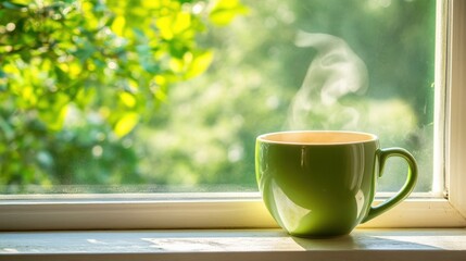 Morning Serenity: A Fresh Cup of Green Tea or Coffee Seated by a Window with Gentle Steam, Surrounded by Lush Greenery in a Sunlit Atmosphere