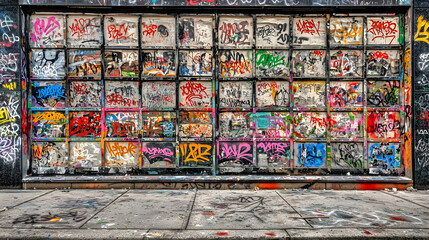 Urban facade covered in vibrant graffiti art