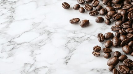 Roasted Coffee Beans Spread on Elegant Marble Surface, Perfectly Capturing the Richness and Aroma of Freshly Brewed Coffee for Coffee Lovers and Enthusiasts