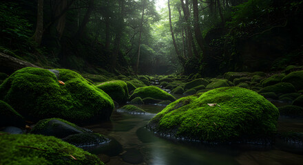 Tranquil River Flowing Through Mossy Forest Landscape with Green Rocks