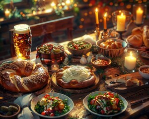Fototapeta premium Join us for a cozy gathering with pretzels, cheese dip, mustard, and festive decor in warm light