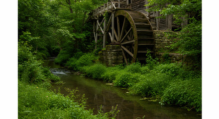 Old Mill Turning Along Stream with Lush Green Foliage