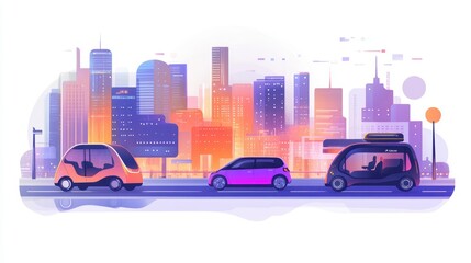 Futuristic self-driving cars on city street at sunset.
