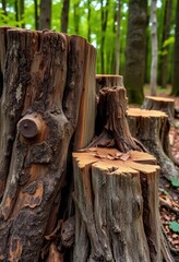 Close-up of weathered tree stumps in forest setting, bark, photography, ground