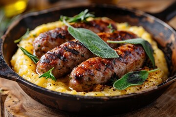 Enjoy creamy polenta topped with perfectly grilled sausage and sage butter in a rustic mountain hut filled with warmth