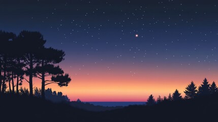 Serene Night Sky Over Calm Waters with Silhouetted Trees and Stars, Capturing the Tranquil Beauty of Nature at Dusk in a Peaceful Wilderness Setting
