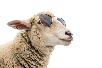 portrait of a sheep wearing sunglasses on transparent background