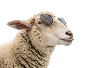portrait of a sheep wearing sunglasses on transparent background