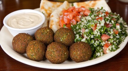 A plated falafel dish with hummus and vegetable accompaniments