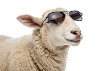 portrait of a sheep wearing sunglasses on transparent background