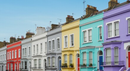 Obraz premium A row of colorful painted houses against a clear blue sky