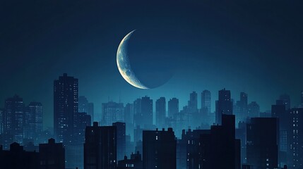 Serene Urban Nightscape with Crescent Moon Over Silhouetted City Skyline in Calm Blue Atmosphere Reflecting Tranquility and Mystery of Nighttime