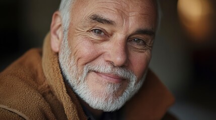 Smiling Senior Man Portrait with Gray Hair and Beard in Warm Clothing