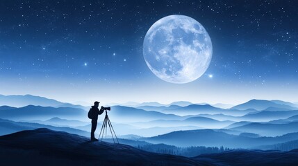 Silhouette of Photographer Capturing the Moonlit Landscape Amidst Serene Mountains Under Starry Night Sky with Vibrant Blue Hues and Tranquil Atmosphere