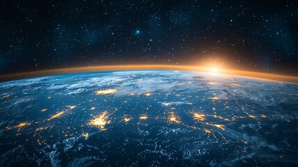 Obraz premium Stunning View of Earth from Space at Dawn with Glowing City Lights and Bright Stars in the Background
