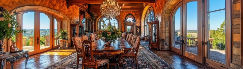 An elegant dining room with large windows and chandelier lighting